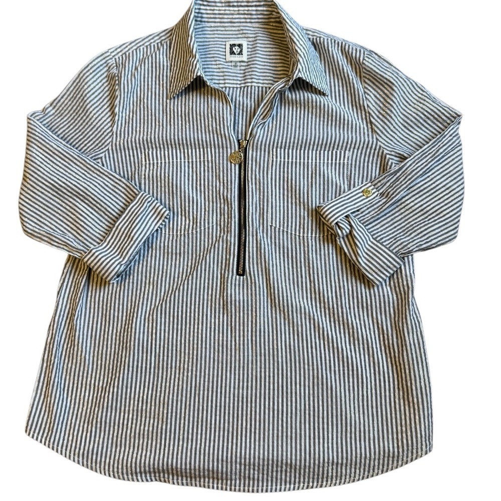Anne Klein 1/4 Zip Stripped Blouse Medium